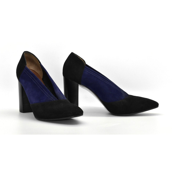 C0 Auth AQUATALIA Black & Blue Colorblock Suede Block Heel Pump Shoes Size 10 - Picture 1 of 7